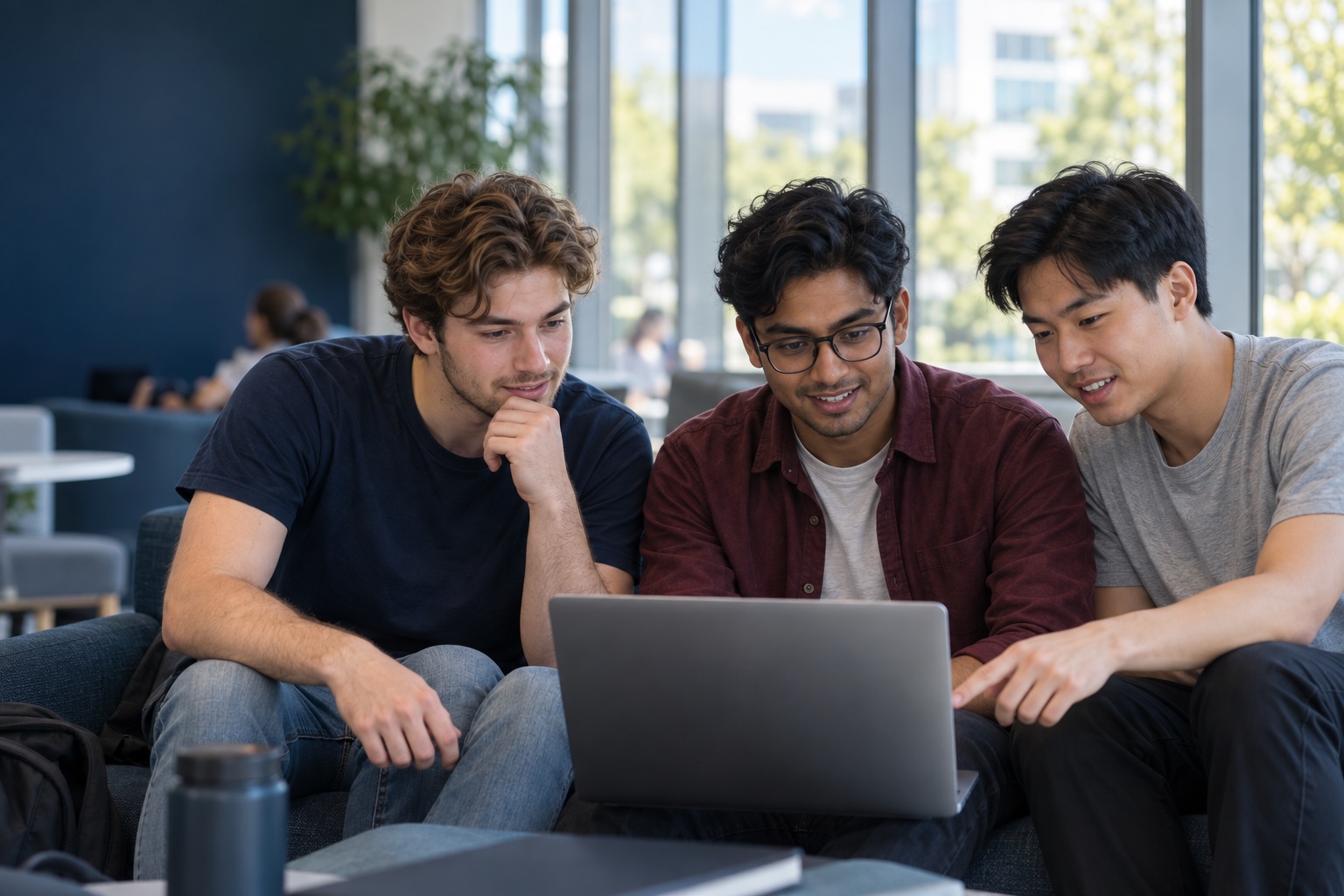 Three male university students in everyday clothes studying together on a laptop